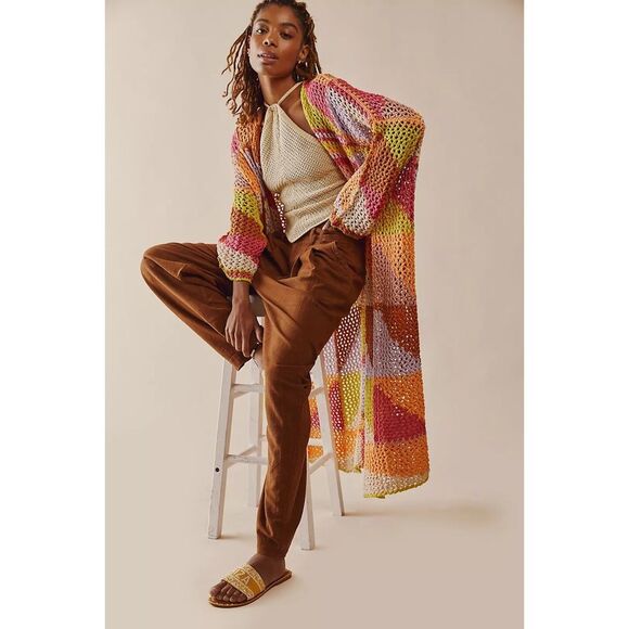 Free People Chasing Rainbows Crochet Knit Cardi Duster Kimono Jacket $428 XS/S - Picture 2 of 9